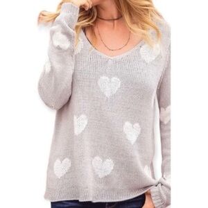 WOODEN SHIPS Grey Besotted Hearts Open Knit Sweater White Heart Small/Medium NEW
